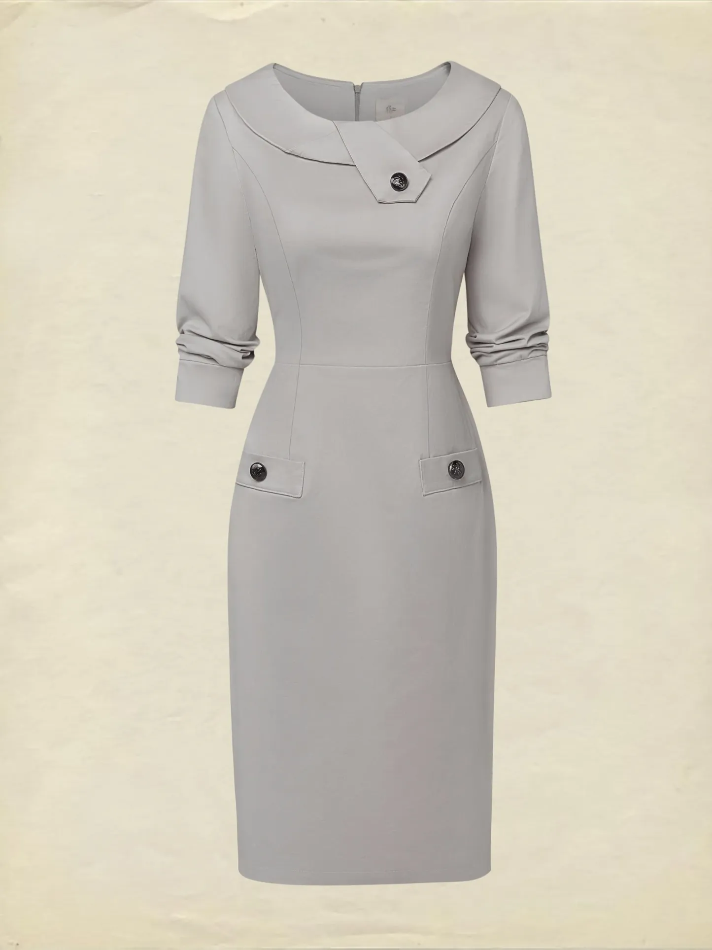 Midi Cotton Dress, Half Sleeve, Round Neck, Plain, Button Design, French Vintage, Gray - Gray