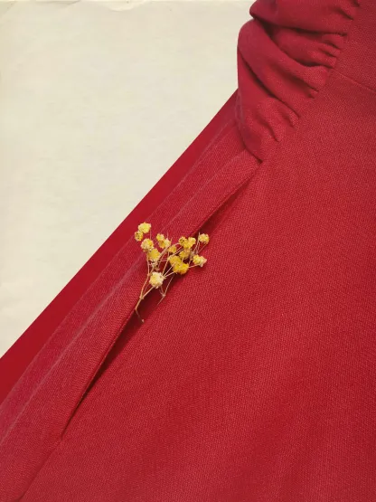 Midi Linen Dress, Half Sleeve, Shawl Collar, Plain, Button Design, French Vintage, Red - Red