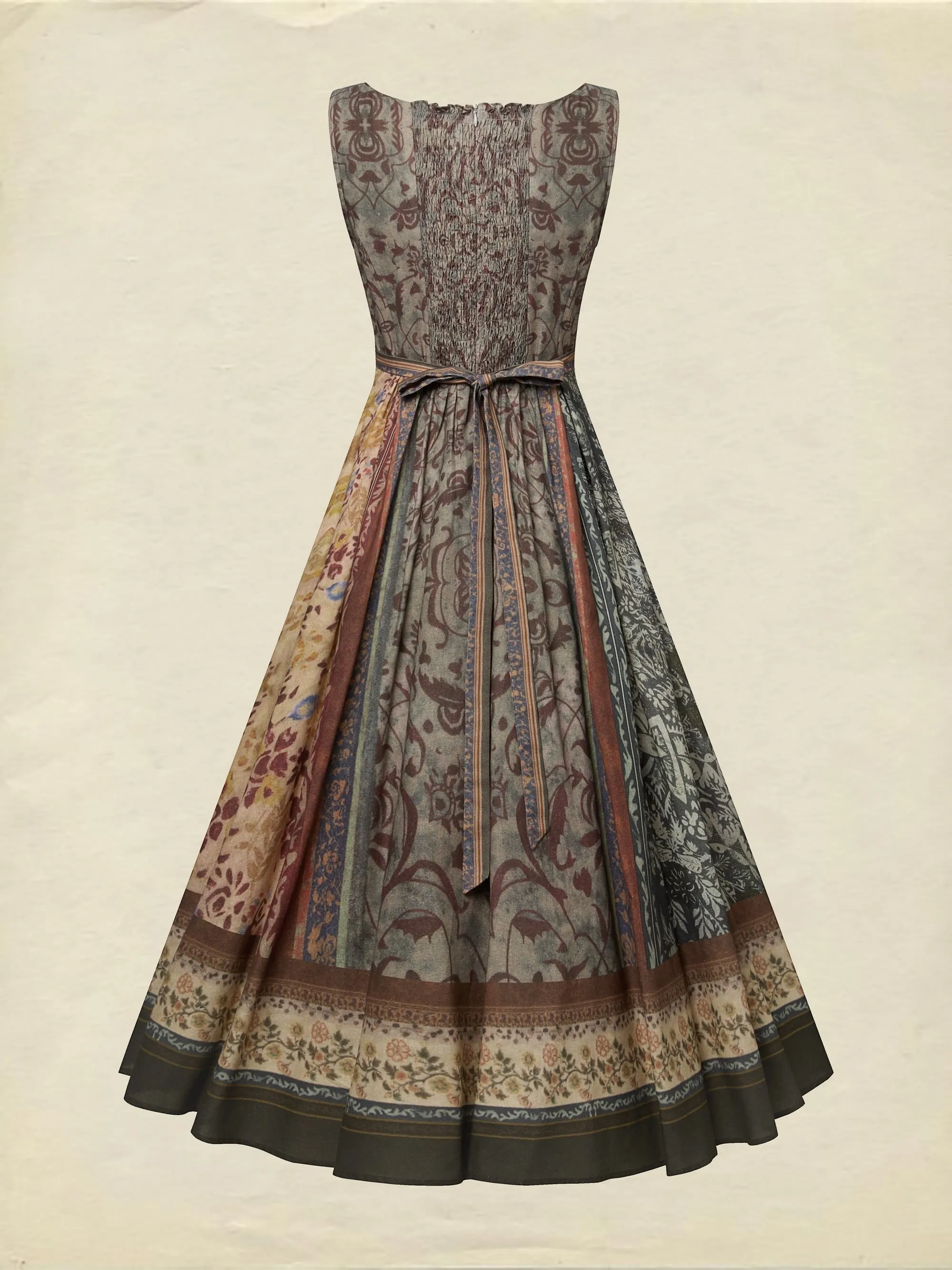 Maxi Cotton Dress, Sleeveless, Square Neck, Paisley, Suspenders, Vacation, Vintage, Brown - Brown