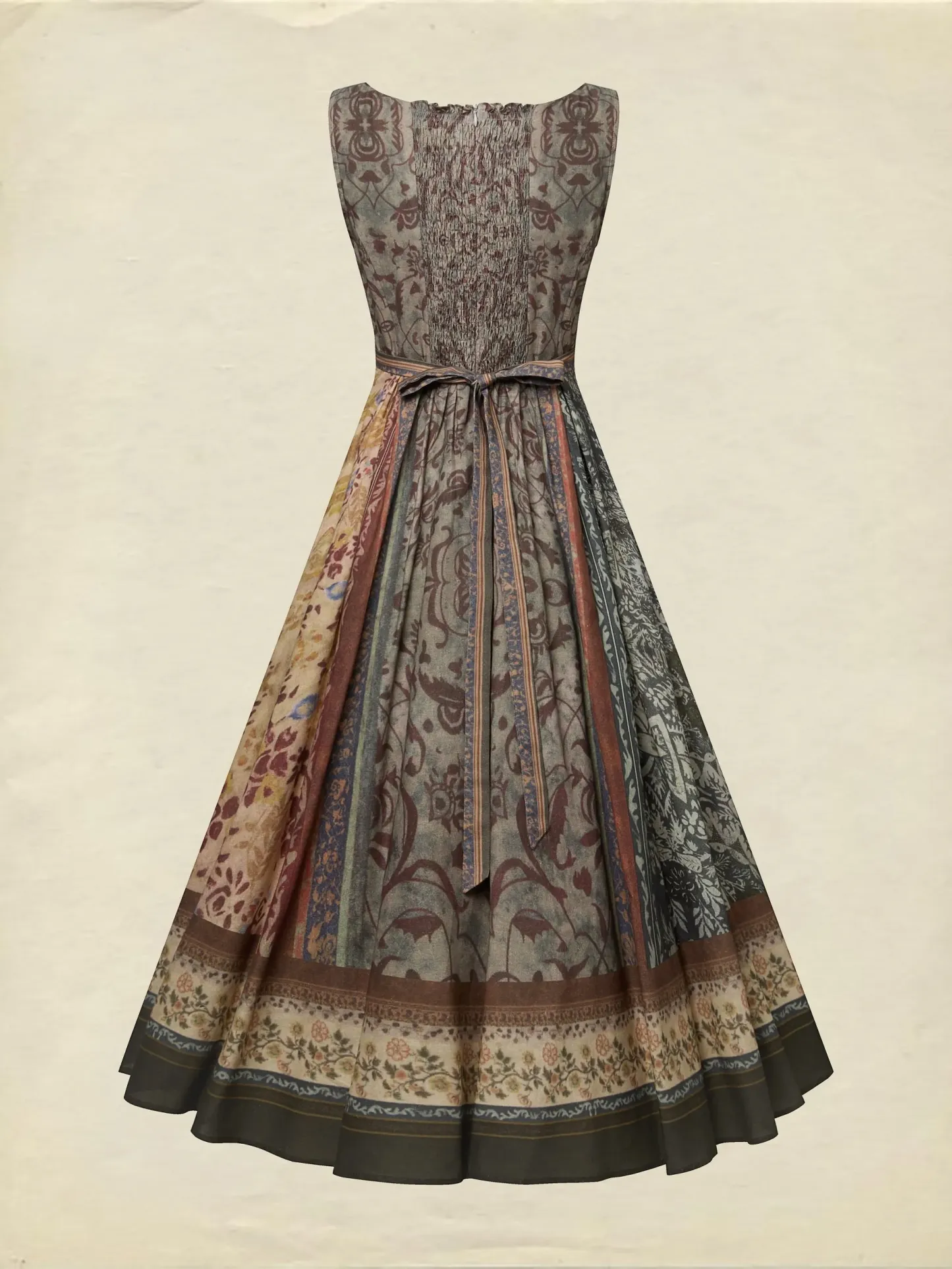 Maxi Cotton Dress, Sleeveless, Square Neck, Paisley, Suspenders, Vacation, Vintage, Brown - Brown