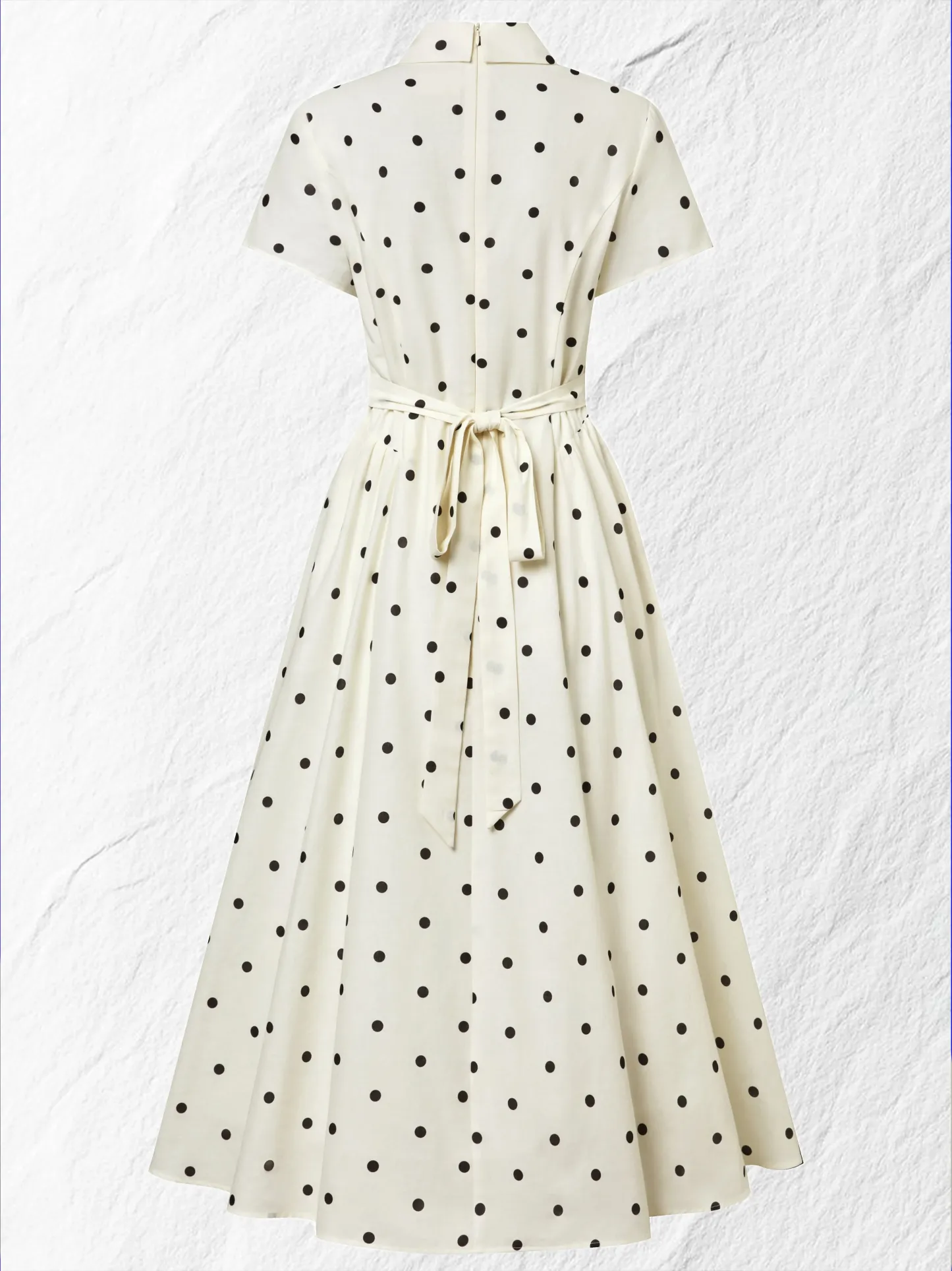 Maxi Linen Dress, Short Sleeves, Shawl Collar, Polka Dots, French Vintage, Off White - Off White