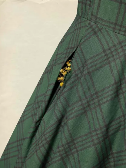 Maxi Linen Dress, Long Sleeves, V Neck, Plaid, Lace, Vintage, Deep Green - Deep Green
