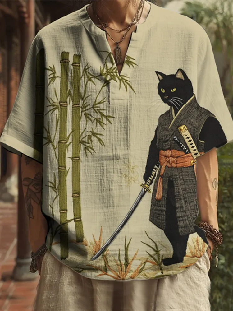 Men's Japanese Black Cat Swordsman Bamboo Embroidery Print Casual V Neck Shirt - Beige