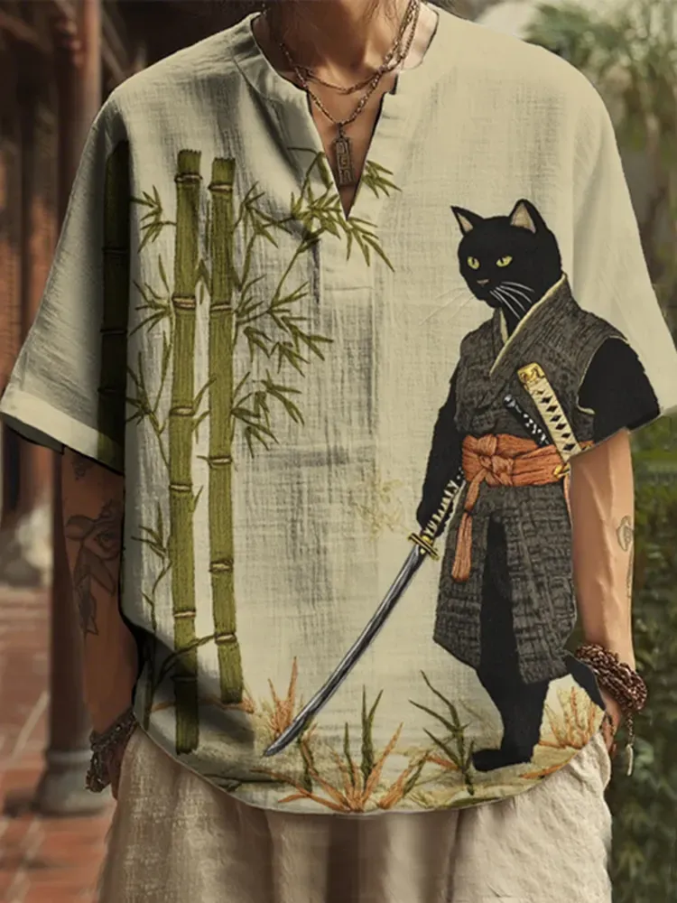 Men's Japanese Black Cat Swordsman Bamboo Embroidery Print Casual V Neck Shirt - Beige