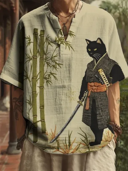 Men's Japanese Black Cat Swordsman Bamboo Embroidery Print Casual V Neck Shirt - Beige