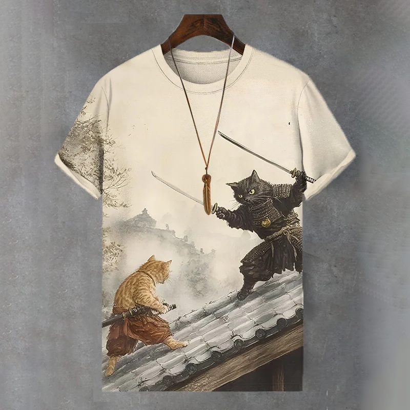 Men's Japanese Cat Swordsman Duel Art Print Comfortable T-shirt - Beige