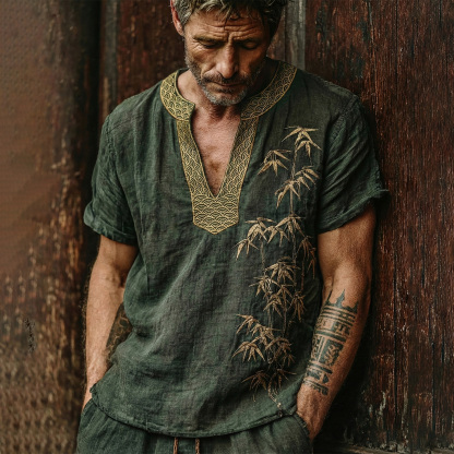 Men's Japanese Bamboo Waves Art Cozy Linen V Neck Shirt - Green