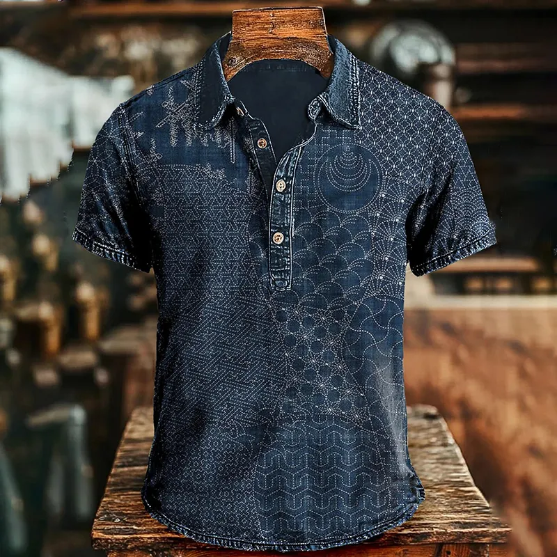 Men's Vintage Traditional Japanese Sashiko Art Polo Shirt - Navy blue