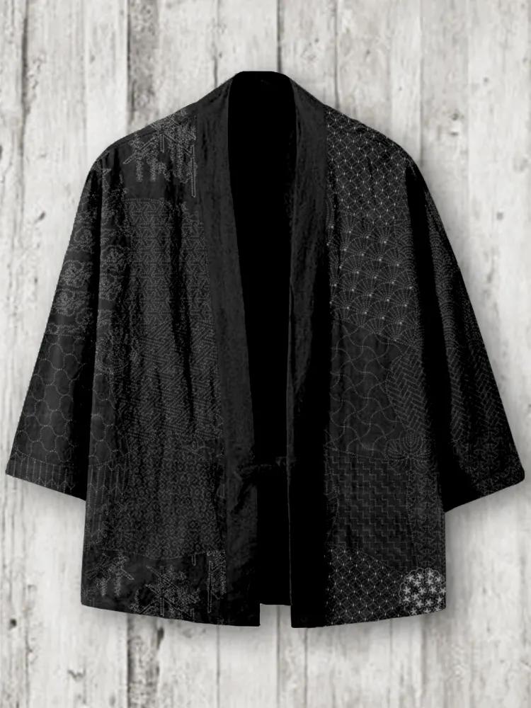 Japanese Traditional Sashiko Art Linen Blend Kimono Cardigan - Black