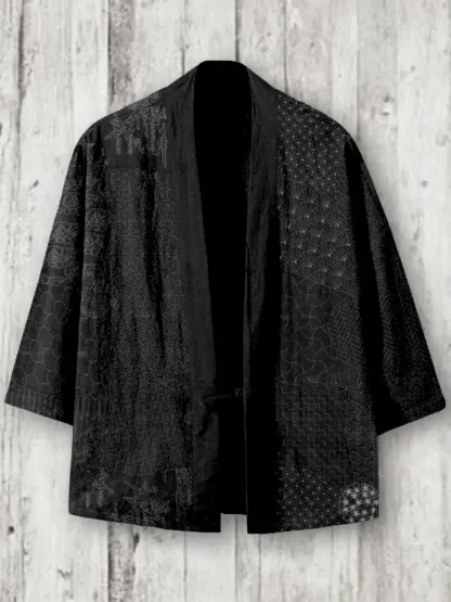Japanese Traditional Sashiko Art Linen Blend Kimono Cardigan - Black