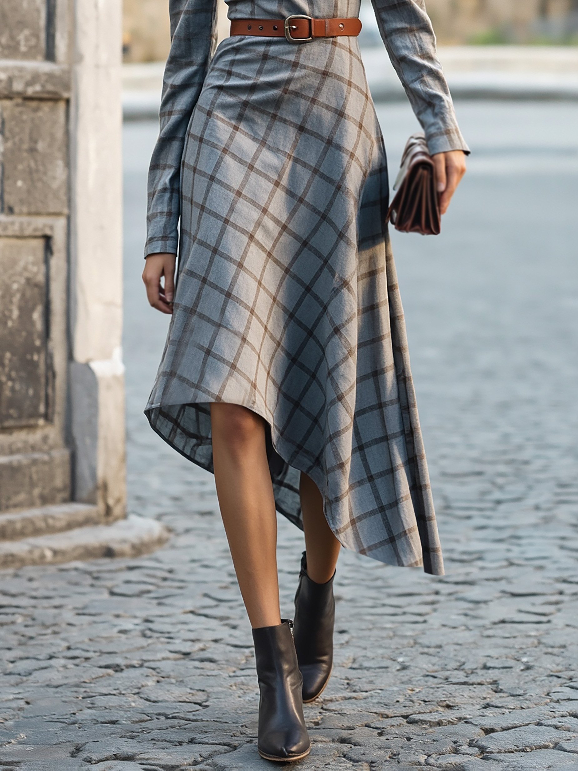 Midi Linen Dress, Long Sleeves, Stand Collar, Plaid, Belt Design, Vintage, Gray - Gray