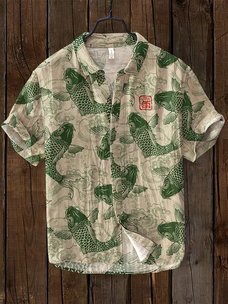 Vintage Fish Japanese Art Linen Blend Comfy Shirt - Red