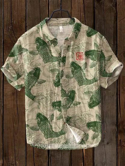 Vintage Fish Japanese Art Linen Blend Comfy Shirt - Red