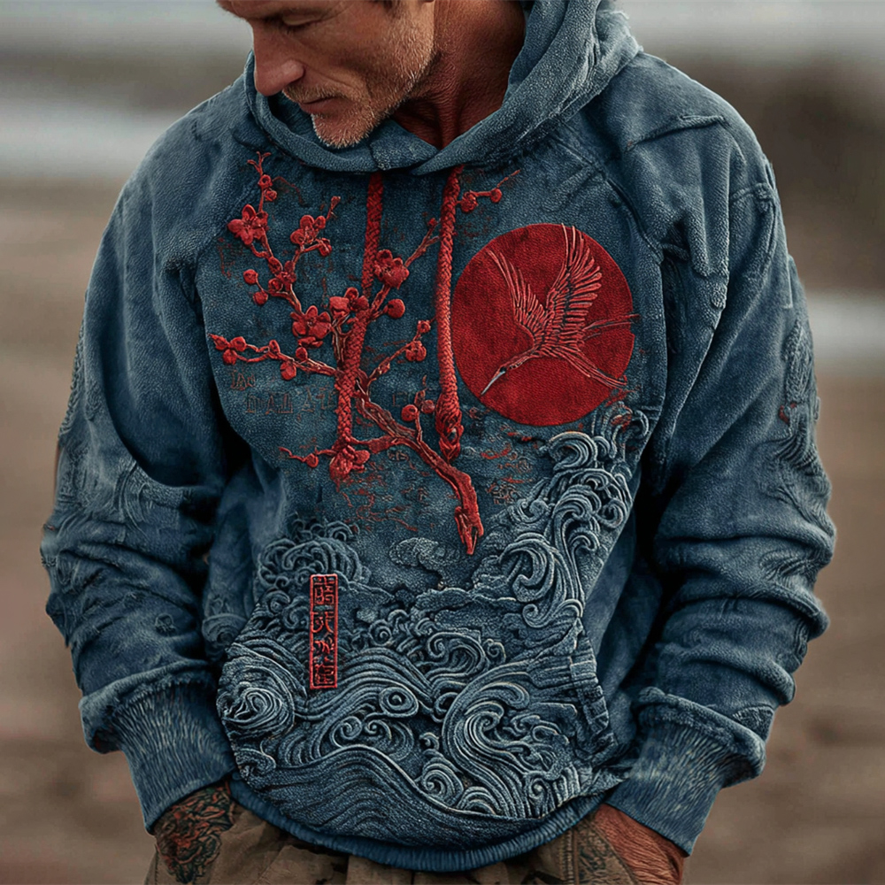 Japanese Plum & Ocean Art Men's Hooded Sweatshirt - Blue