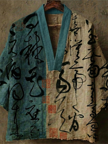 Men's Retro Calligraphy Art Print Linen V-neck Shirt - Blue