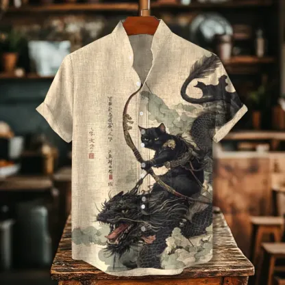 Vintage Black Cat Samurai Riding A Dragon Art Print Casual Cotton Shirt - Beige