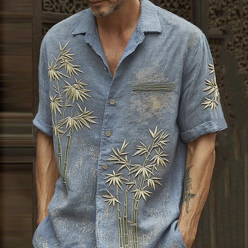Men's Vintage Bamboo Embroidery Art Short Sleeve Linen Blend Shirt - Blue