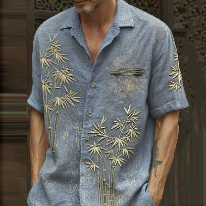 Men's Vintage Bamboo Embroidery Art Short Sleeve Linen Blend Shirt - Blue