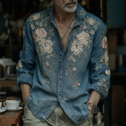 Men's Vintage Japanese Floral Art Casual Button Linen Shirt - Blue