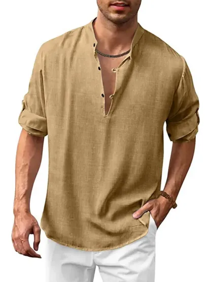 Men's Cotton Linen Casual Hippie Long Sleeve Shirt - Blue