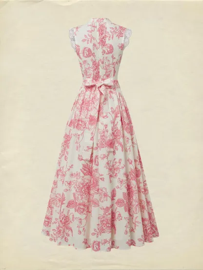 (SIZE:XS-XXL) Maxi Linen Dress , Cap Sleeves, Stand Collar, Floral, Lace, Vintage, Apricot - Apricot