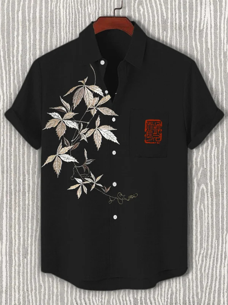 Men's Embroidered Leaves Art Print Short Sleeve Shirt - Black