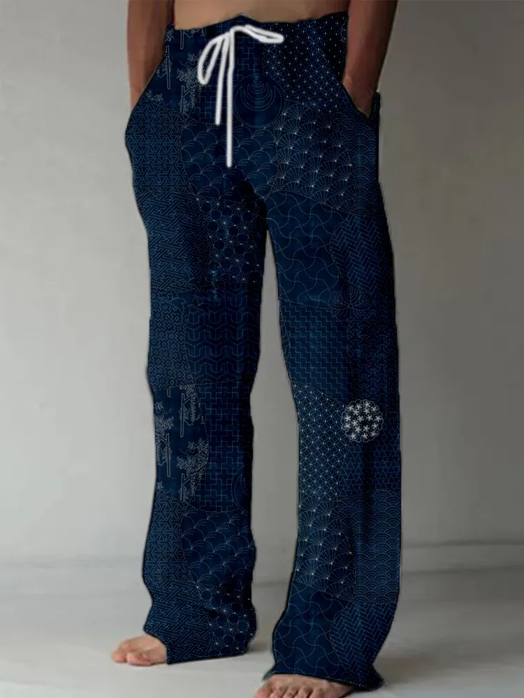 Men's Japanese Traditional Sashiko Art Linen Blend Casual Pants - Black