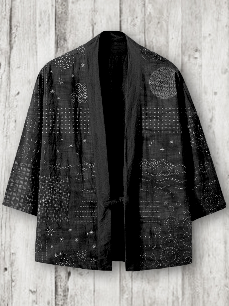 Vintage Japanese Sashiko Art Linen Blend Kimono Cardigan - Black