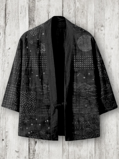 Vintage Japanese Sashiko Art Linen Blend Kimono Cardigan - Black