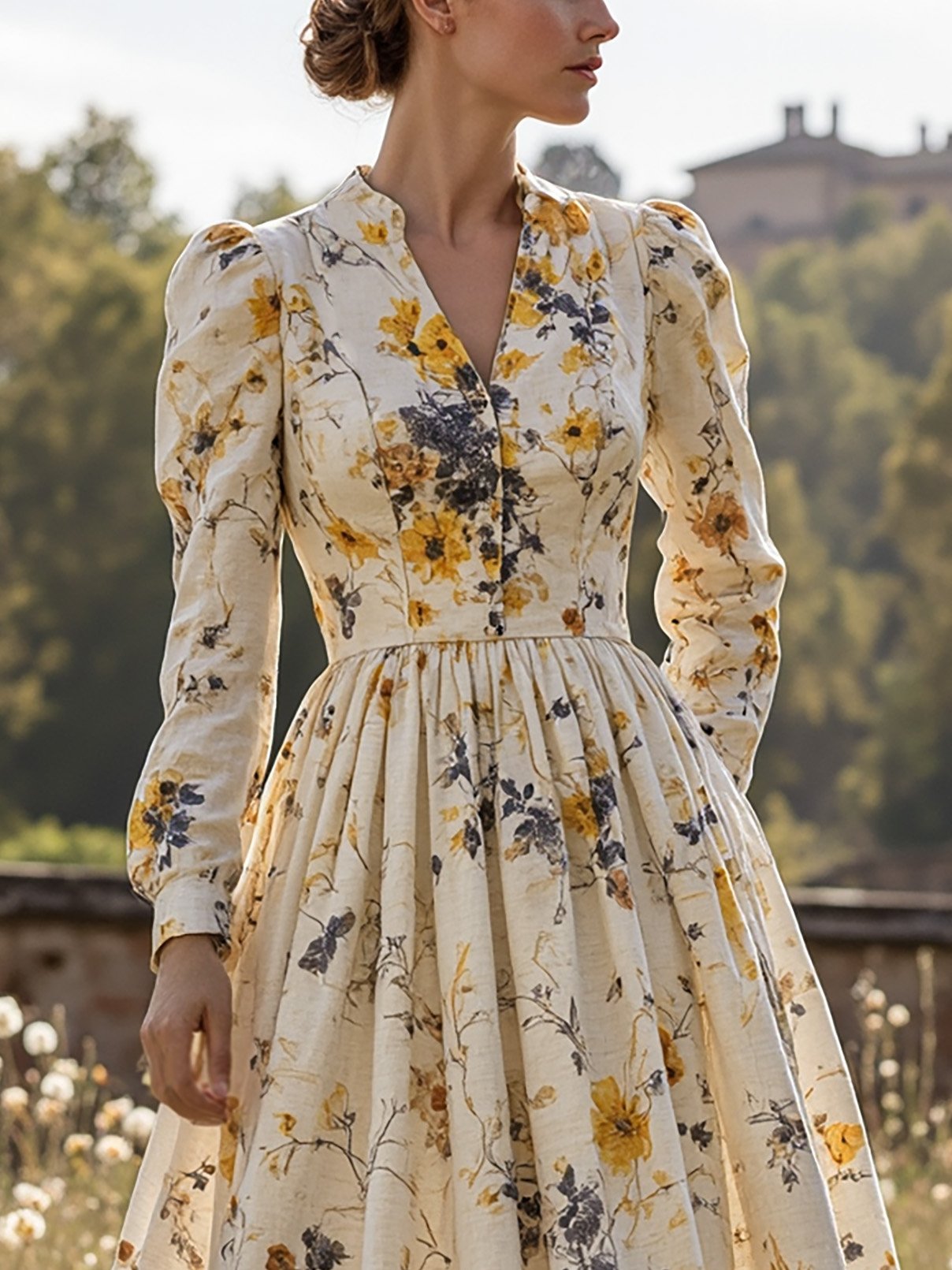 Midi Linen Dress, Long Sleeves, V Neck, Floral, Button Design, Vintage, Apricot - Apricot
