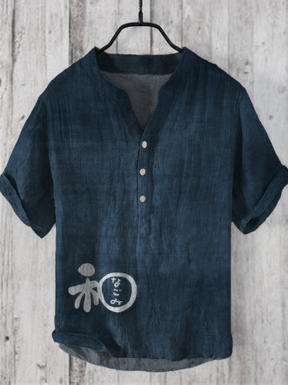 Japanese Word Art Linen V-Neck Shirt - Red