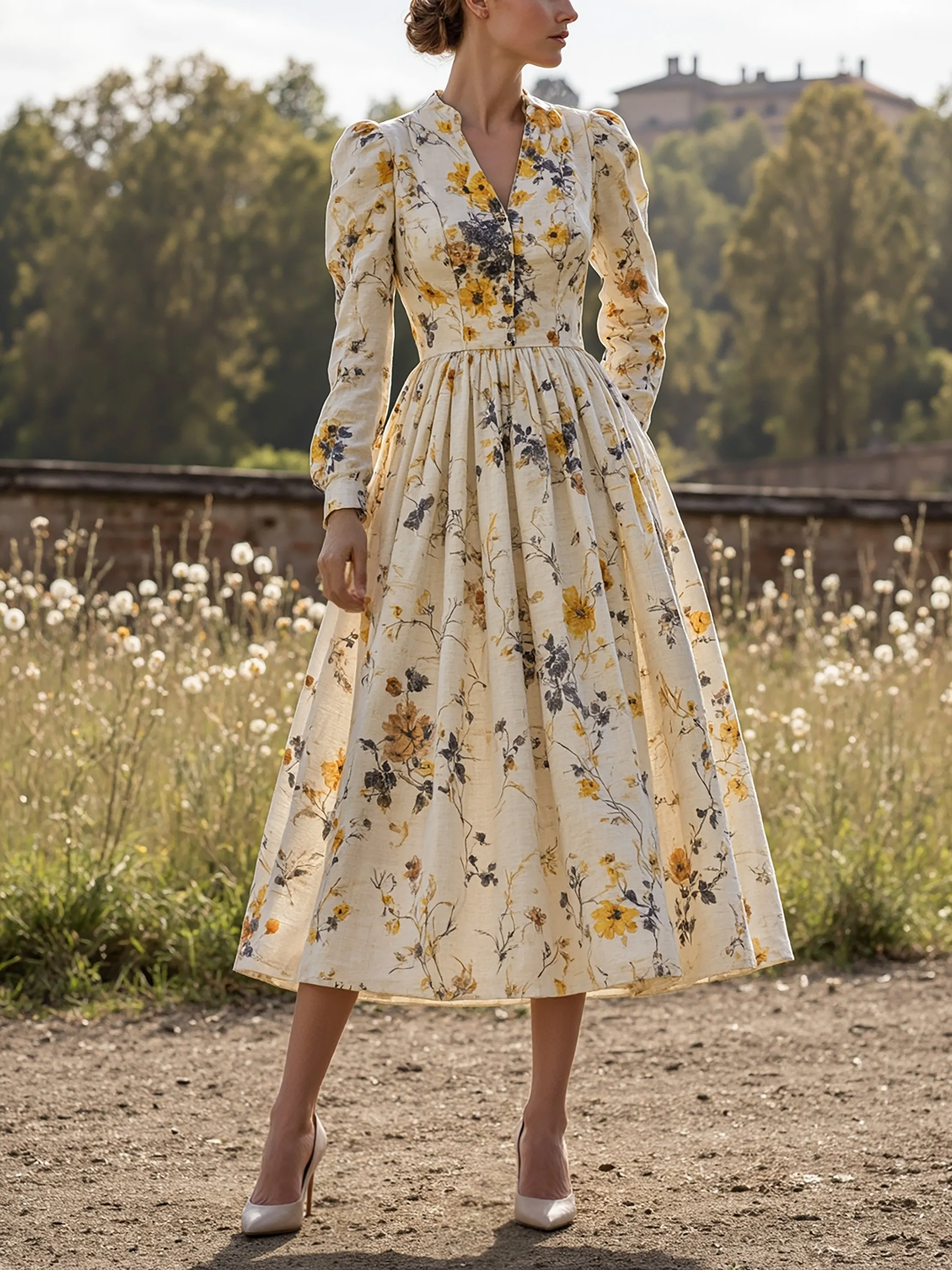 Midi Linen Dress, Long Sleeves, V Neck, Floral, Button Design, Vintage, Apricot - Apricot