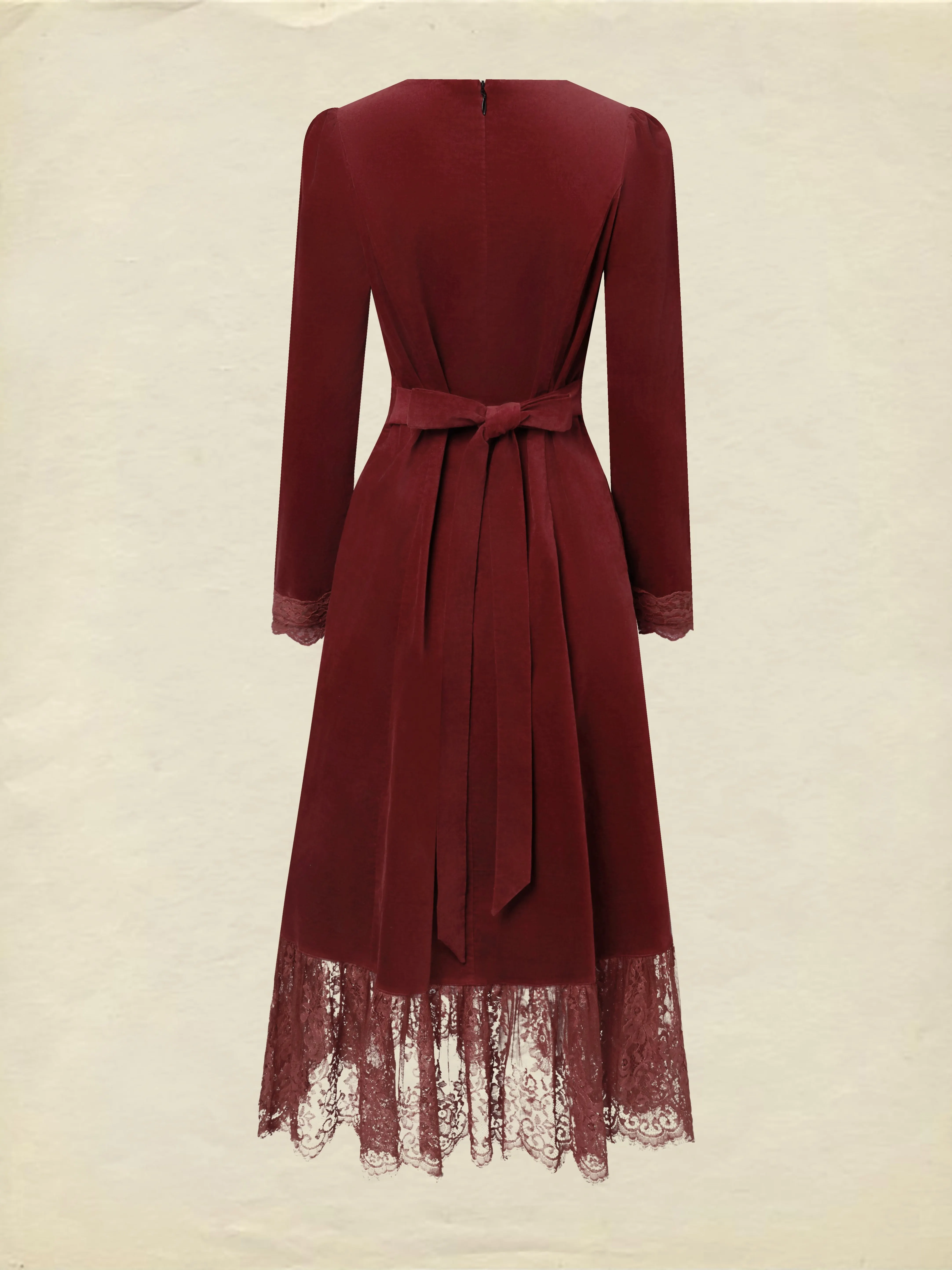 Midi Cotton Dress, Long Sleeves, Scoop Neck, Plain, Lace, Vintage, Red - Red