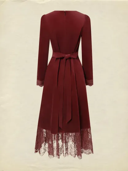 Midi Cotton Dress, Long Sleeves, Scoop Neck, Plain, Lace, Vintage, Red - Red