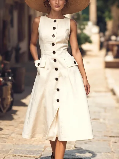 Midi Linen Dress , Sleeveless, Round Neck, Plain, Button Design, French Vintage, Off White - Off White