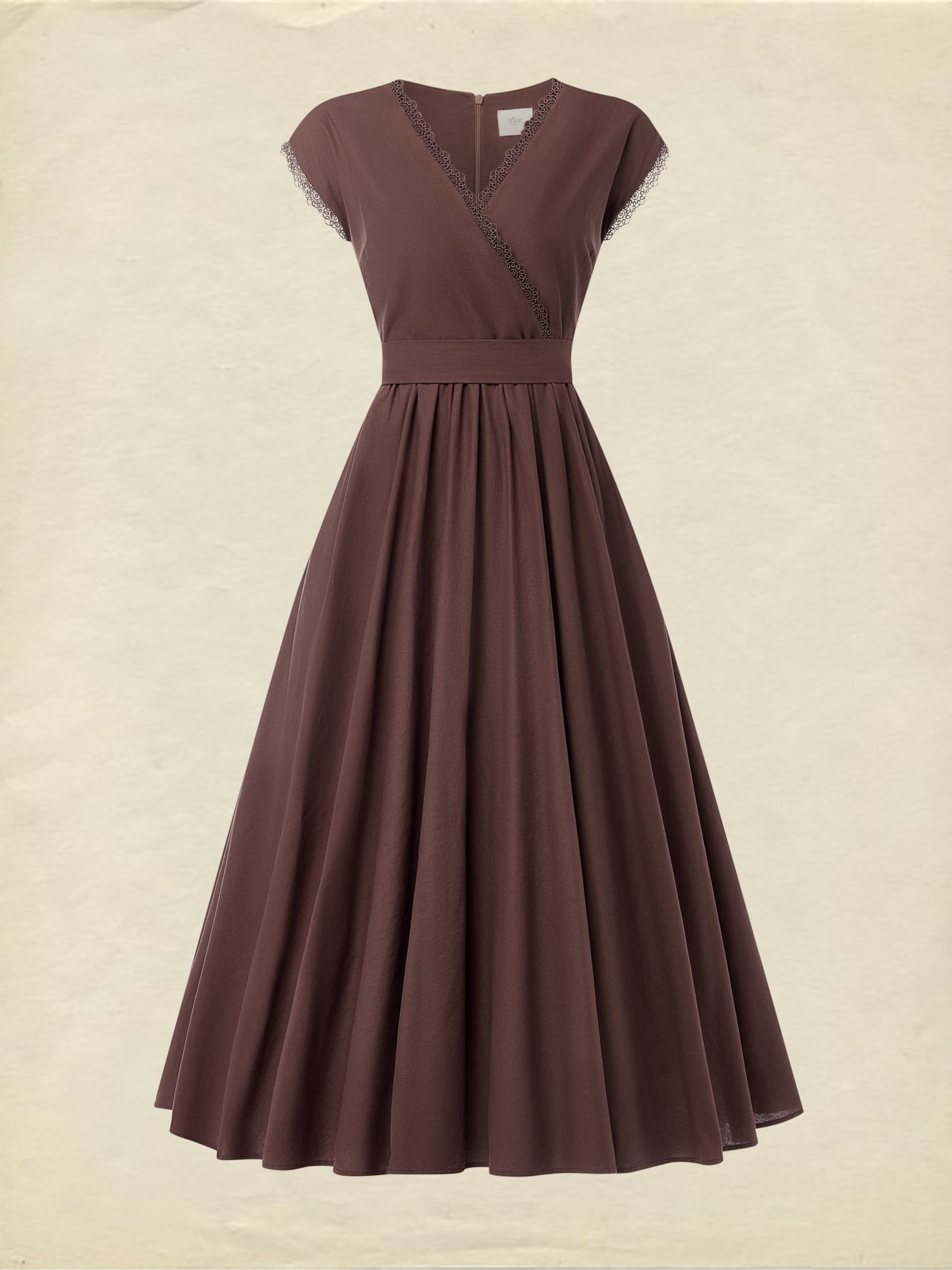 Linen Maxi Dress, Short Sleeve, Lace Collar, Plain, Vintage, CAMEO BROWN - CAMEO BROWN