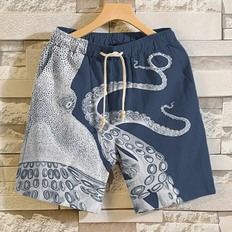 Japanese Art Octopus Graphic Printed Casual Shorts - Beige