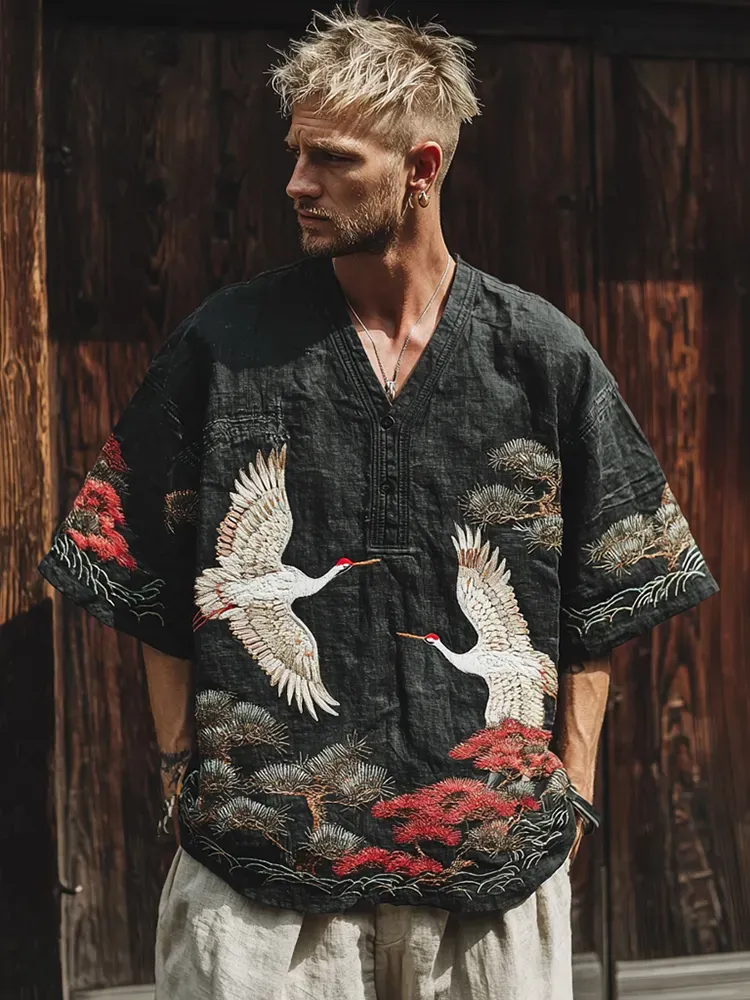 Men's Japanese Art Pine Crane Embroidery V-neck Linen Blend Casual T-shirt - Black