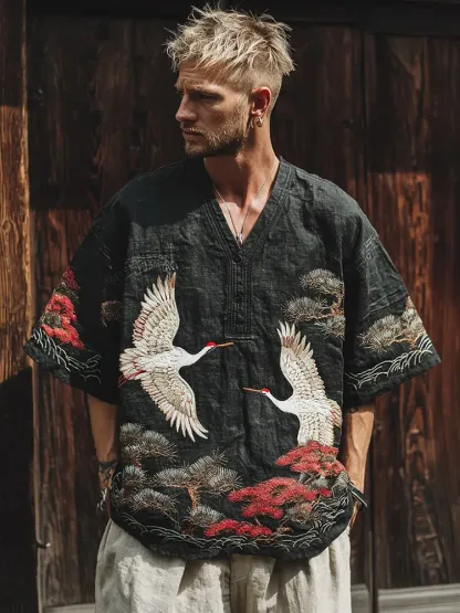Men's Japanese Art Pine Crane Embroidery V-neck Linen Blend Casual T-shirt - Black