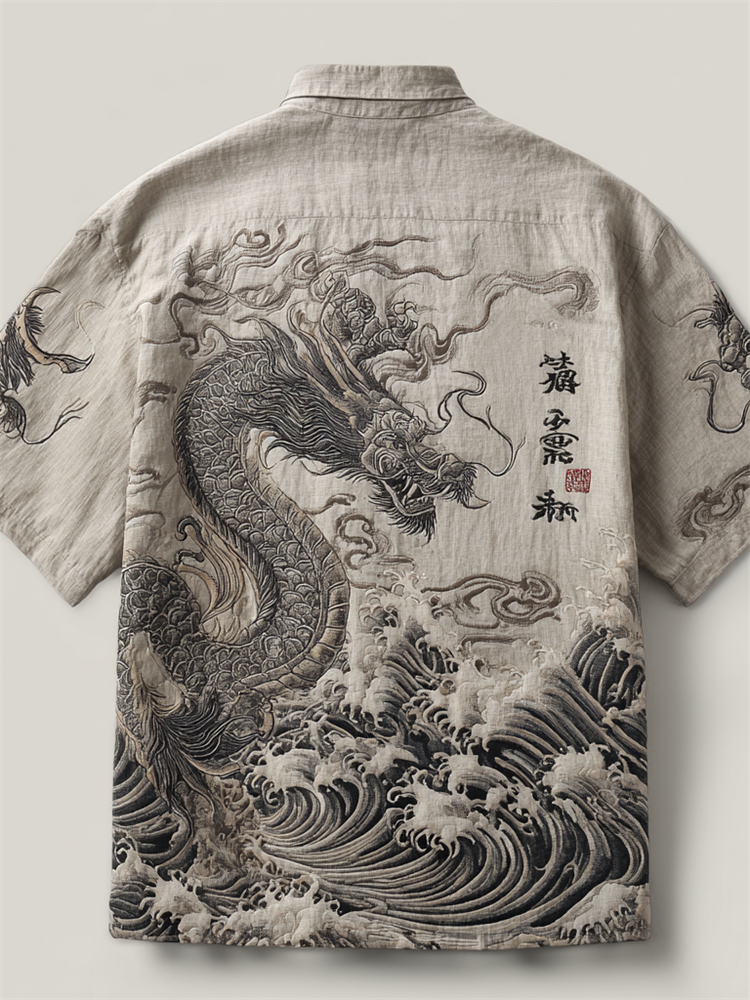 Japanese Dragon Sea Waves Ink Art Embroidered Linen Shirt - Grey