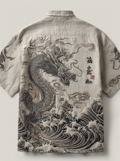 Japanese Dragon Sea Waves Ink Art Embroidered Linen Shirt - Grey