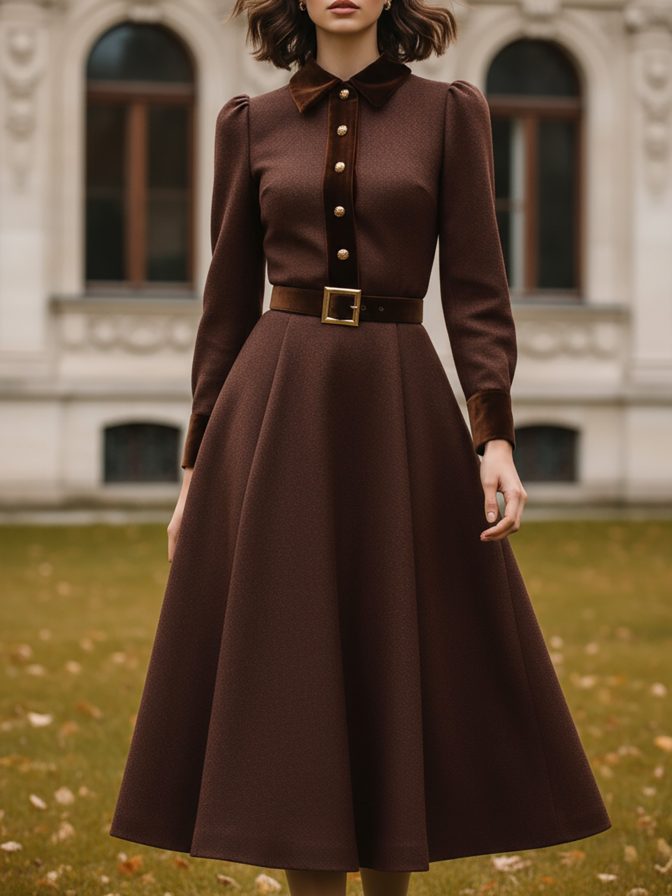 Midi Cotton Dress, Long Sleeves, Shawl Collar, Plain, Belt Design, Vintage, Coffee - Coffee