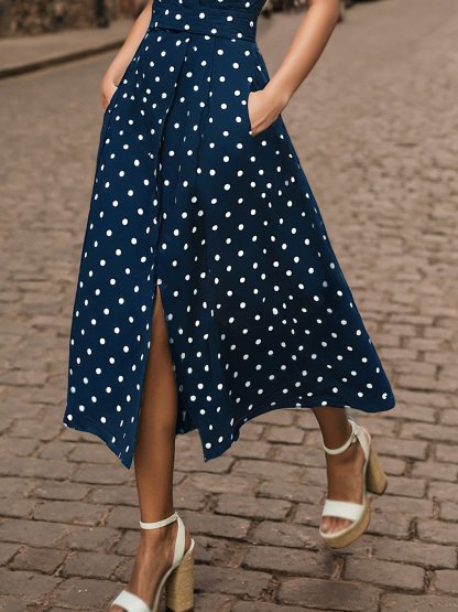 Midi Cotton Dress , Sleeveless, Shawl Collar, Polka Dots, Button Design, French Vintage, Purplish Blue - Purplish Blue
