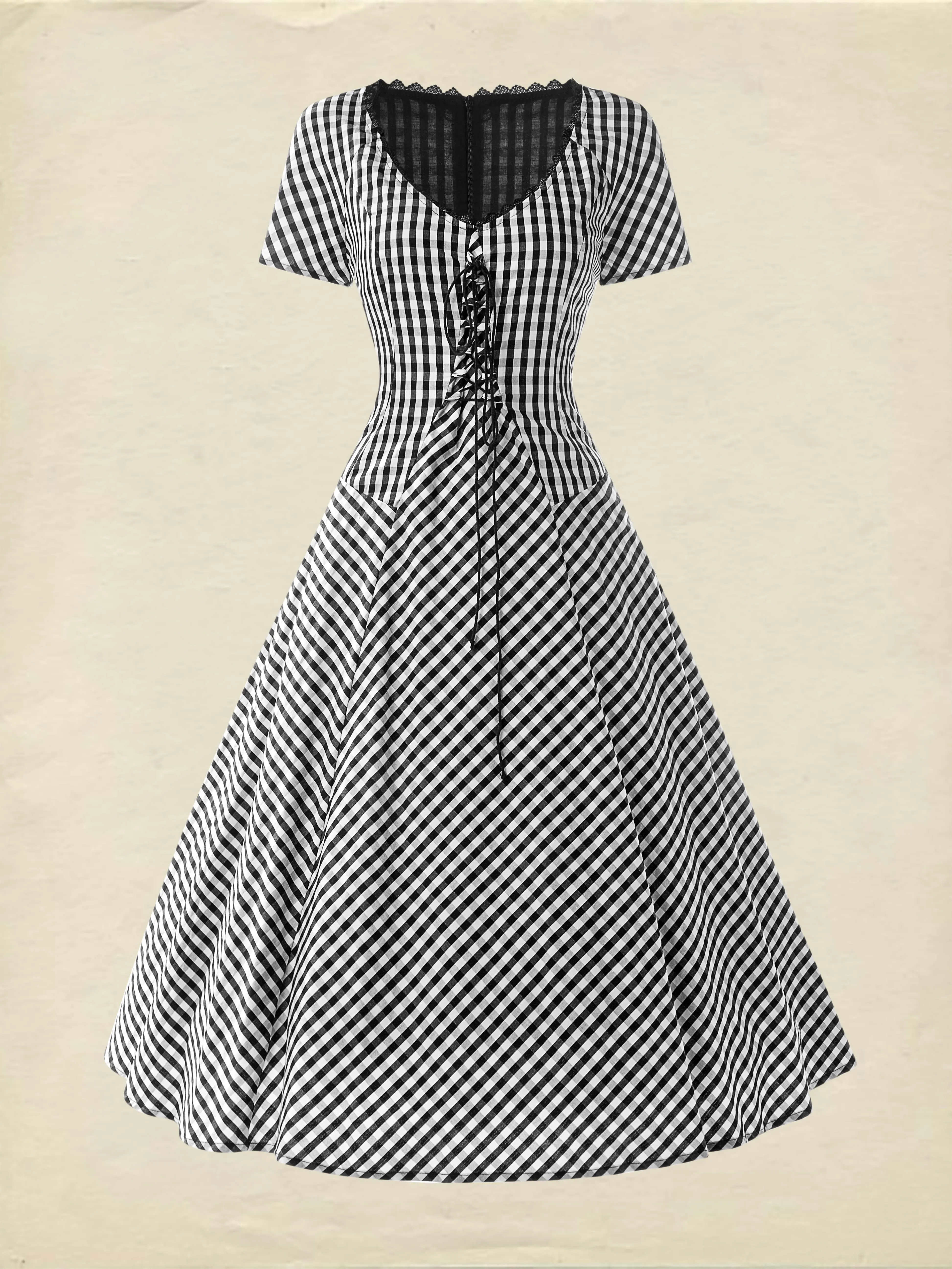 Cotton Midi Dress, Short Sleeve, Lace Collar, Plaid, Vintage, White - White