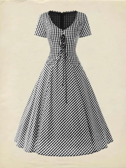 Cotton Midi Dress, Short Sleeve, Lace Collar, Plaid, Vintage, White - White