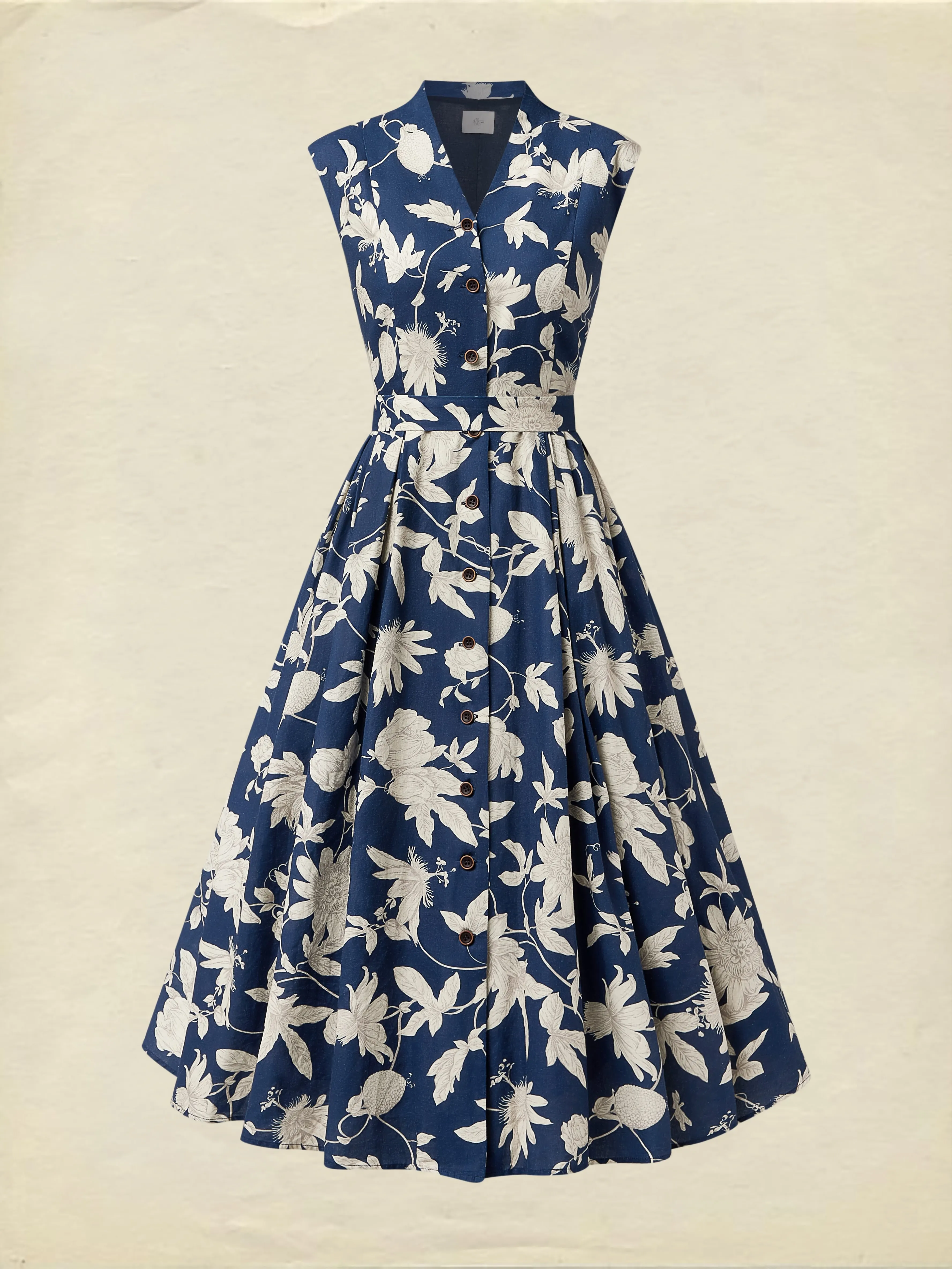 Midi Linen Dress , Cap Sleeves, V Neck, Floral, Button Design, Vintage, Dark Blue - Dark Blue