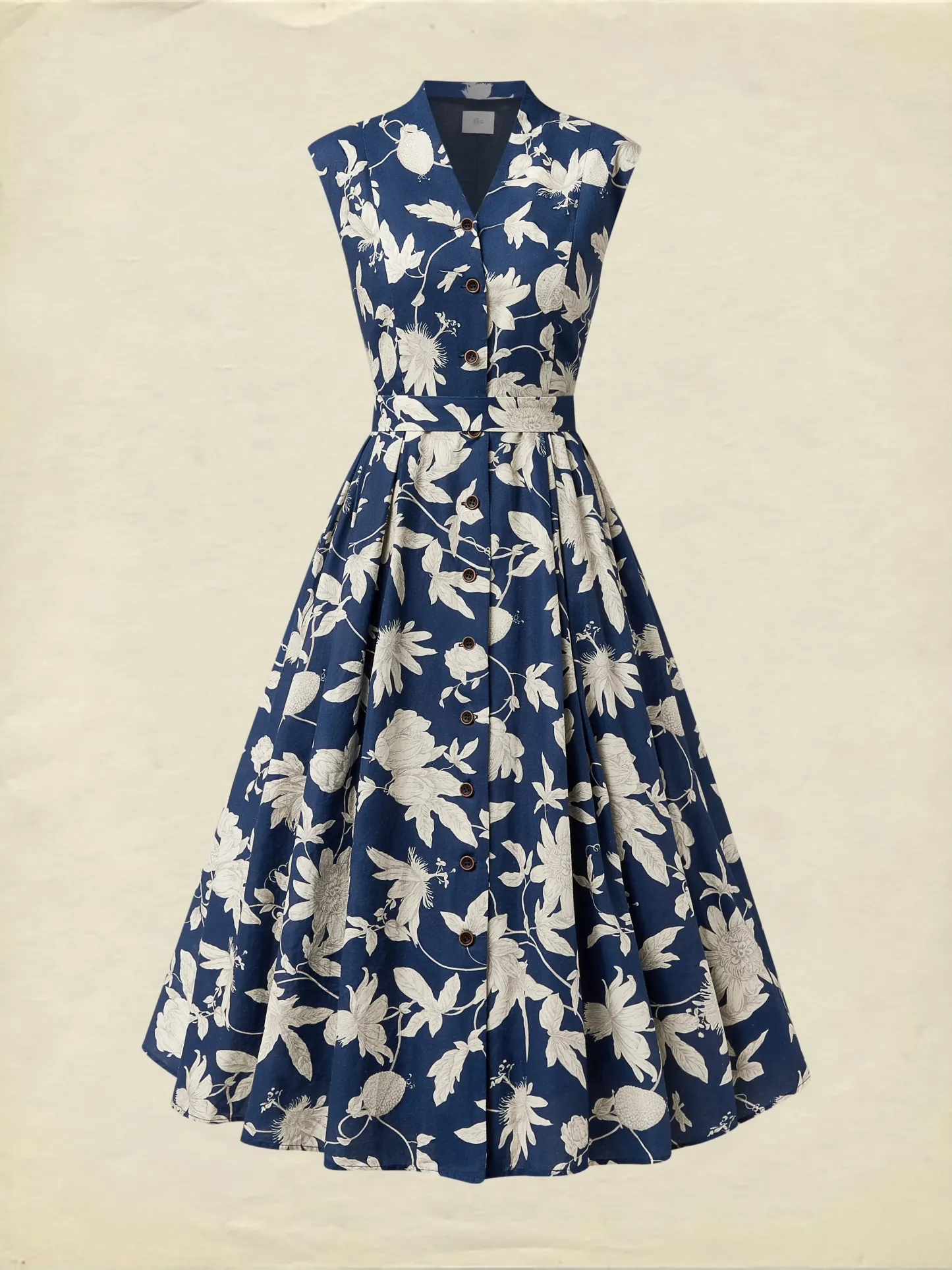 Midi Linen Dress , Cap Sleeves, V Neck, Floral, Button Design, Vintage, Dark Blue - Dark Blue