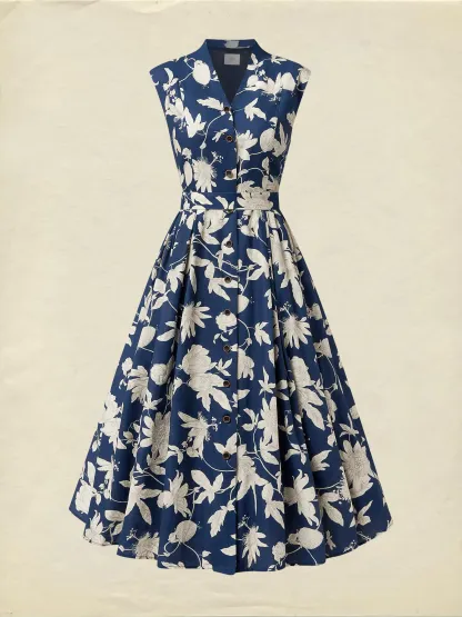 Midi Linen Dress , Cap Sleeves, V Neck, Floral, Button Design, Vintage, Dark Blue - Dark Blue
