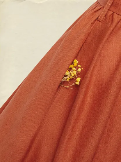 Maxi Linen Dress, Long Sleeves, Stand Collar, Shirt Dress, Linen Blend, Orange - Orange Red