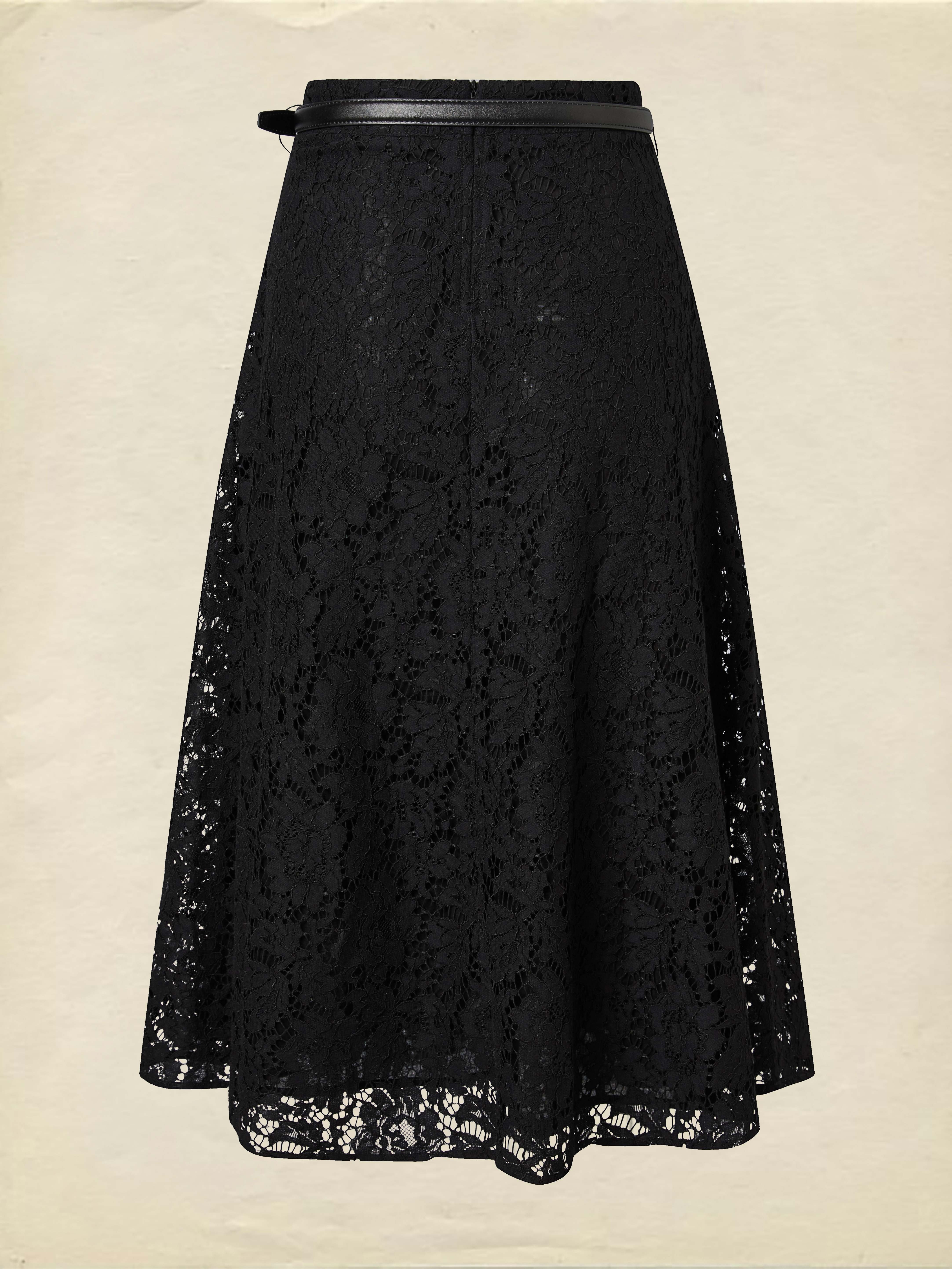 Maxi  Skirt, Floral, Lace, Vacation, Vintage, Black - Black